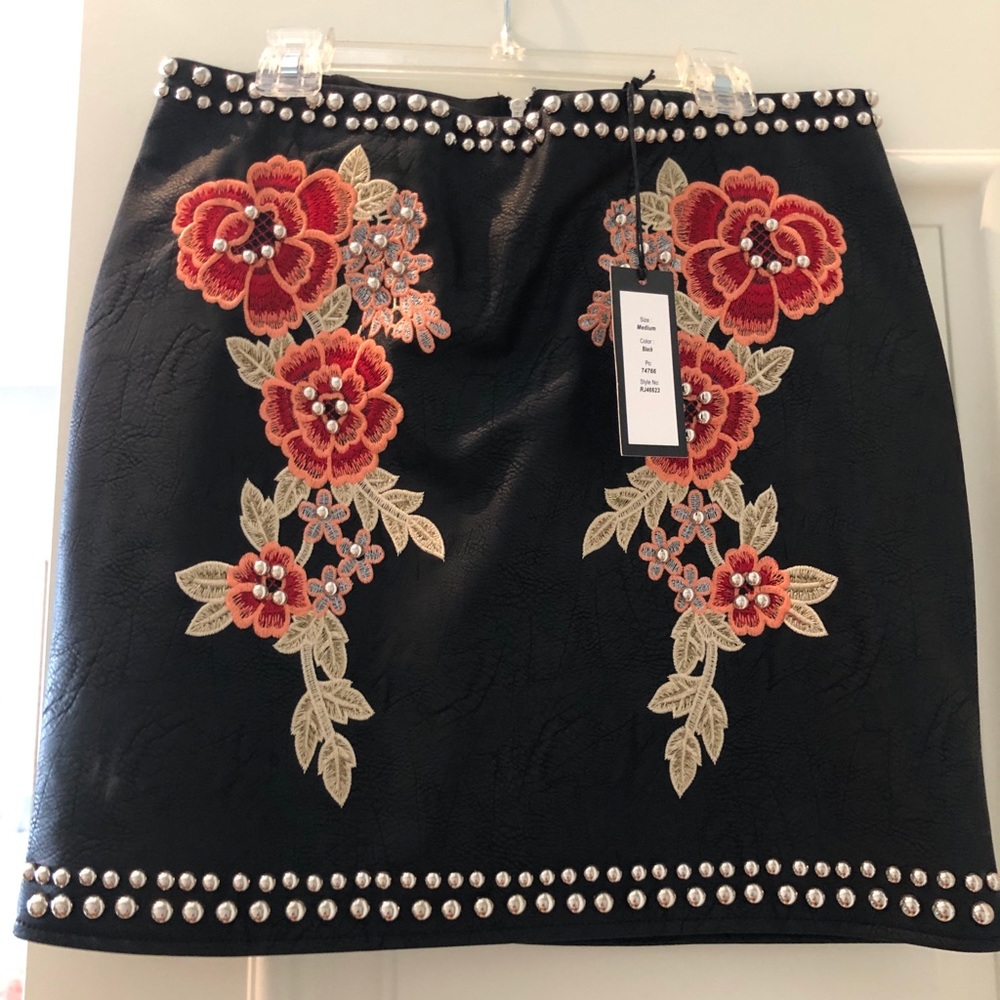 Faux Leather Studded Embroidered Skirt